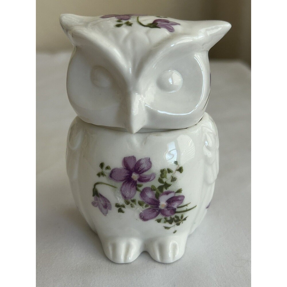 Vintage Owl trinket box white bone china hand painted violets